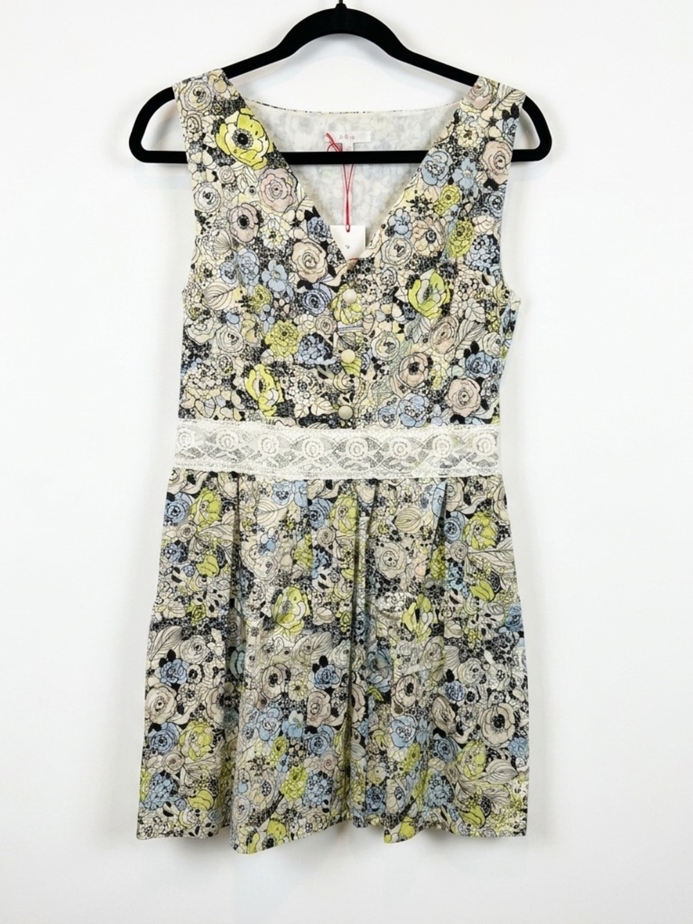 Kiup Sleeveless V-Neck Floral Mini Dress with Lace Waist in Yellow & Blue